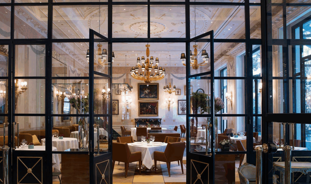 a front-door view of the restaurant at Palazzo Parigi, in Milano, Italy