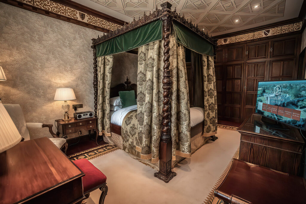view of one of the decorated one of the decorated rooms at Thornbury Castle, UK